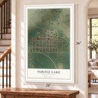 Turtle Lake, North Dakota map, 24 x 36 inch print in a white frame by a staircase