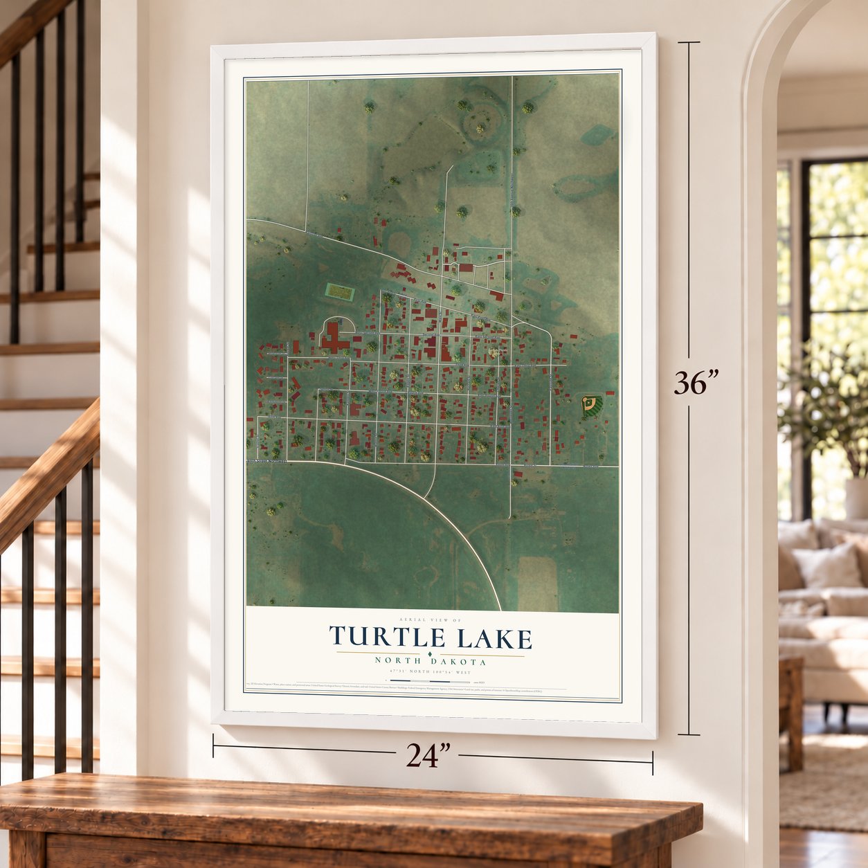 Turtle Lake, North Dakota map, 24 x 36 inch print in a white frame by a staircase