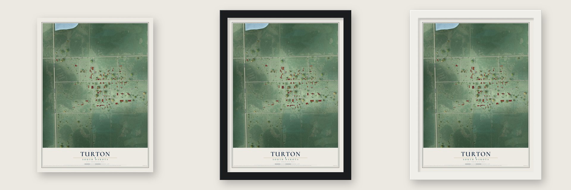 Turton, South Dakota map unframed, in a black wood frame and in a white wood frame