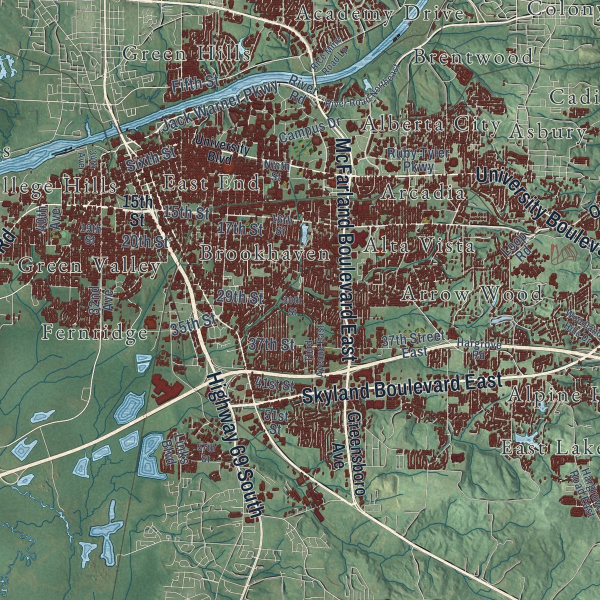 Second close-up of the map of Tuscaloosa, Alabama print showing more streets and buildings