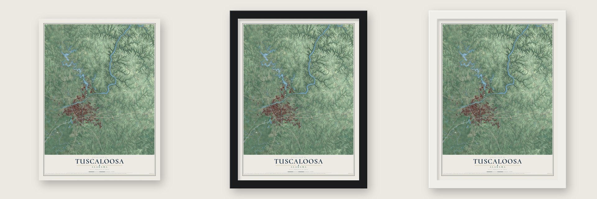 Tuscaloosa, Alabama map unframed, in a black wood frame and in a white wood frame
