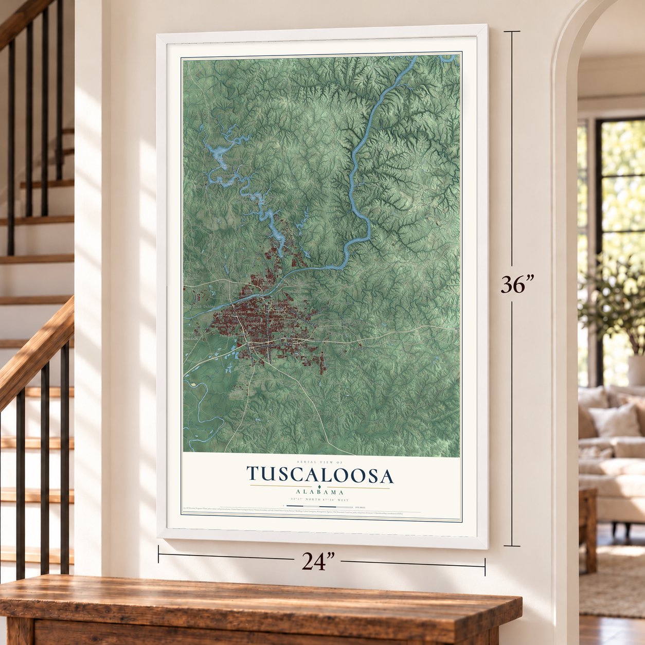 Tuscaloosa, Alabama map, 24 x 36 inch print in a white frame by a staircase