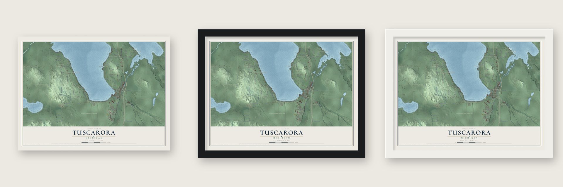 Tuscarora, Michigan map unframed, in a black wood frame and in a white wood frame