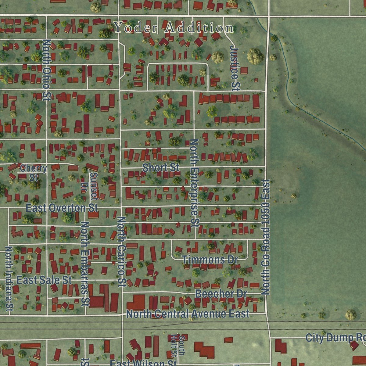 Second close-up of the map of Tuscola, Illinois print showing more streets and buildings