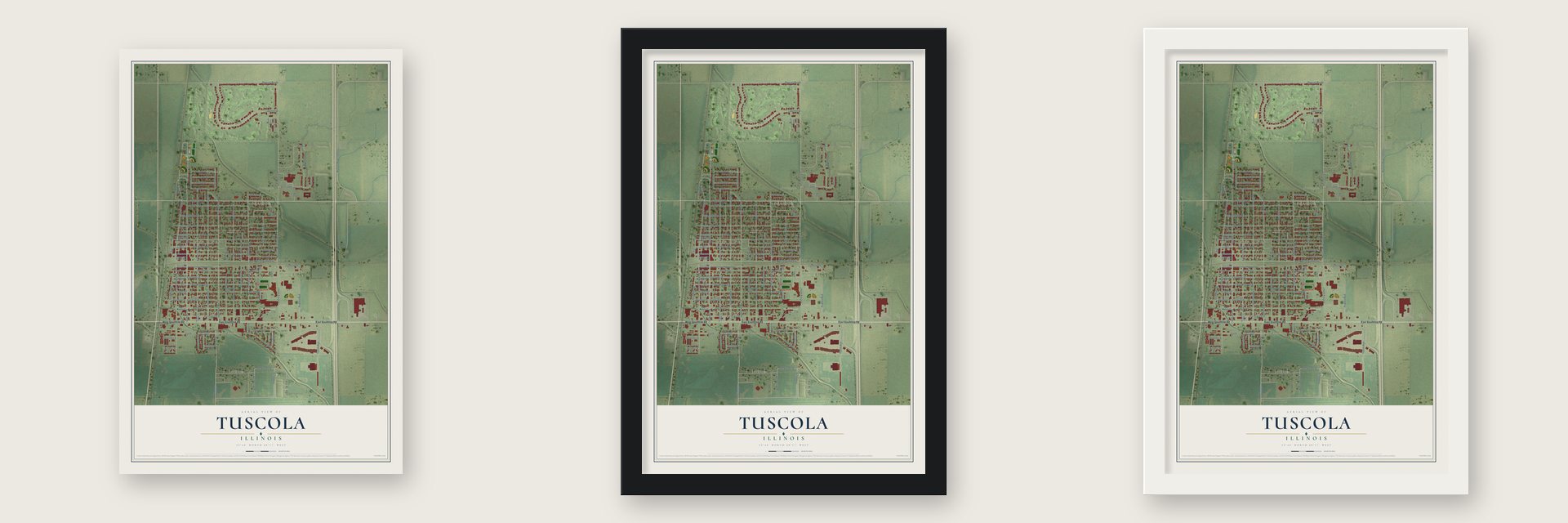 Tuscola, Illinois map unframed, in a black wood frame and in a white wood frame