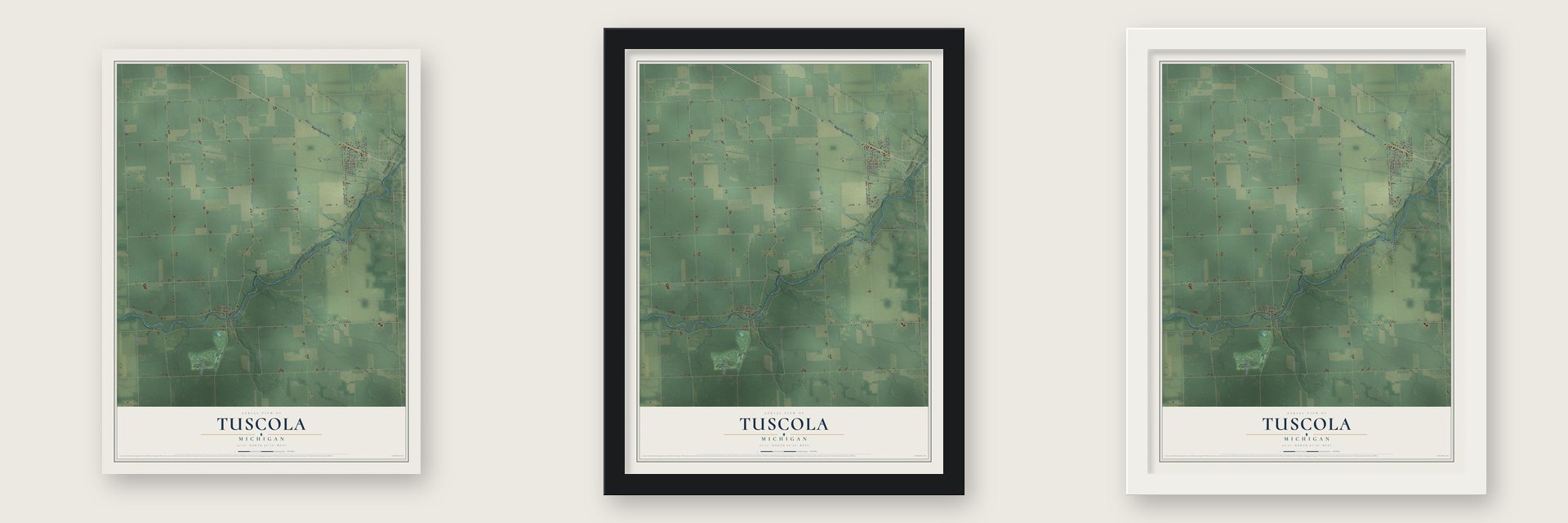 Tuscola, Michigan map unframed, in a black wood frame and in a white wood frame