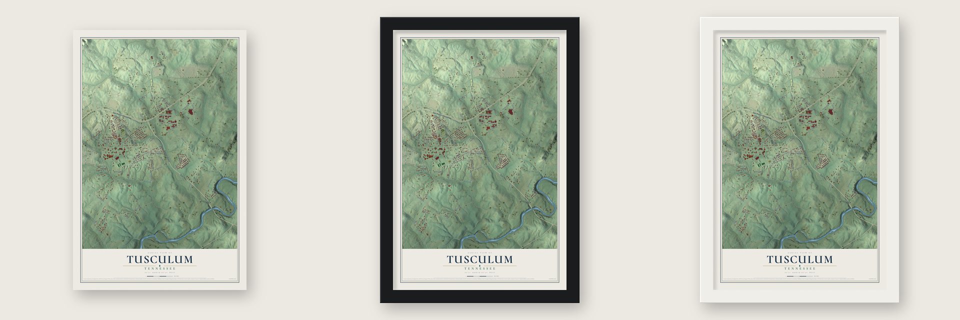 Tusculum, Tennessee map unframed, in a black wood frame and in a white wood frame