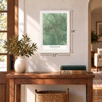 Tusculum, Tennessee map, 12 x 18 inch print in a white frame in an entryway