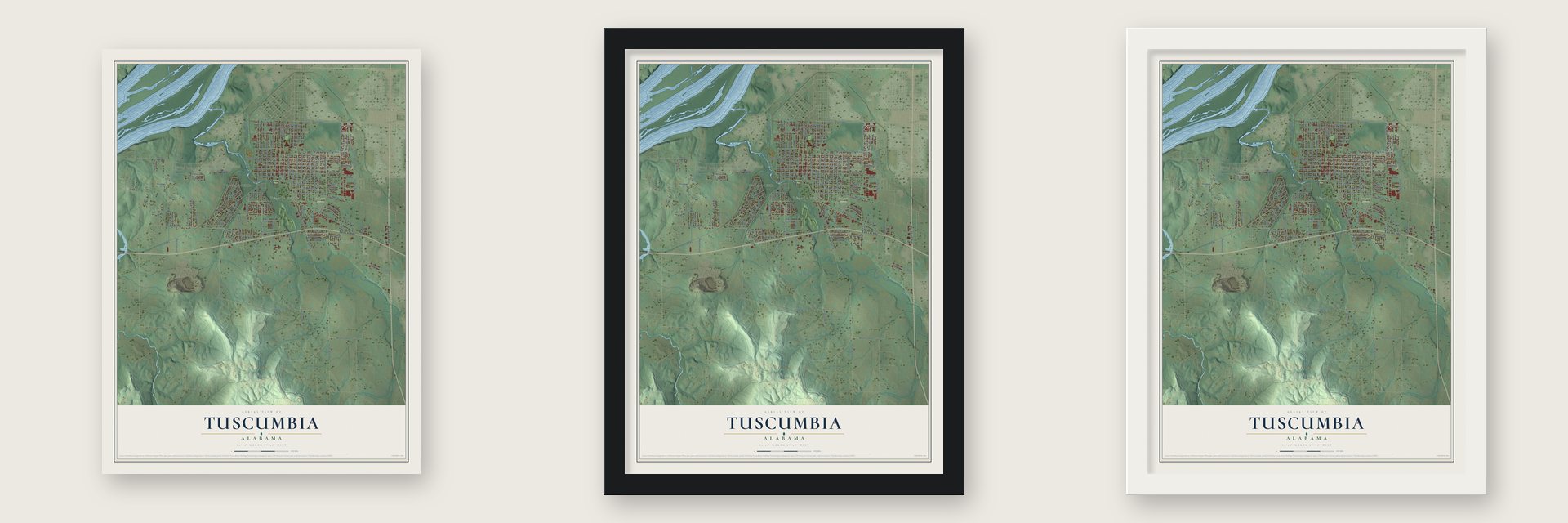 Tuscumbia, Alabama map unframed, in a black wood frame and in a white wood frame