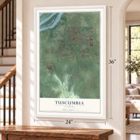 Tuscumbia, Alabama map, 24 x 36 inch print in a white frame by a staircase