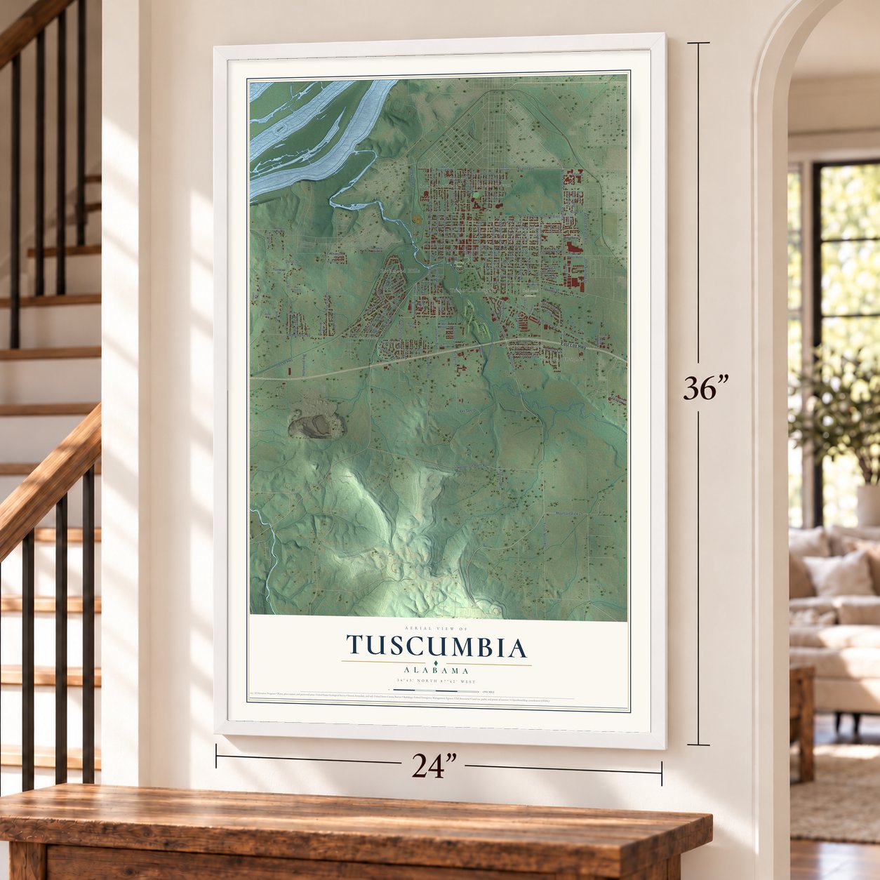 Tuscumbia, Alabama map, 24 x 36 inch print in a white frame by a staircase
