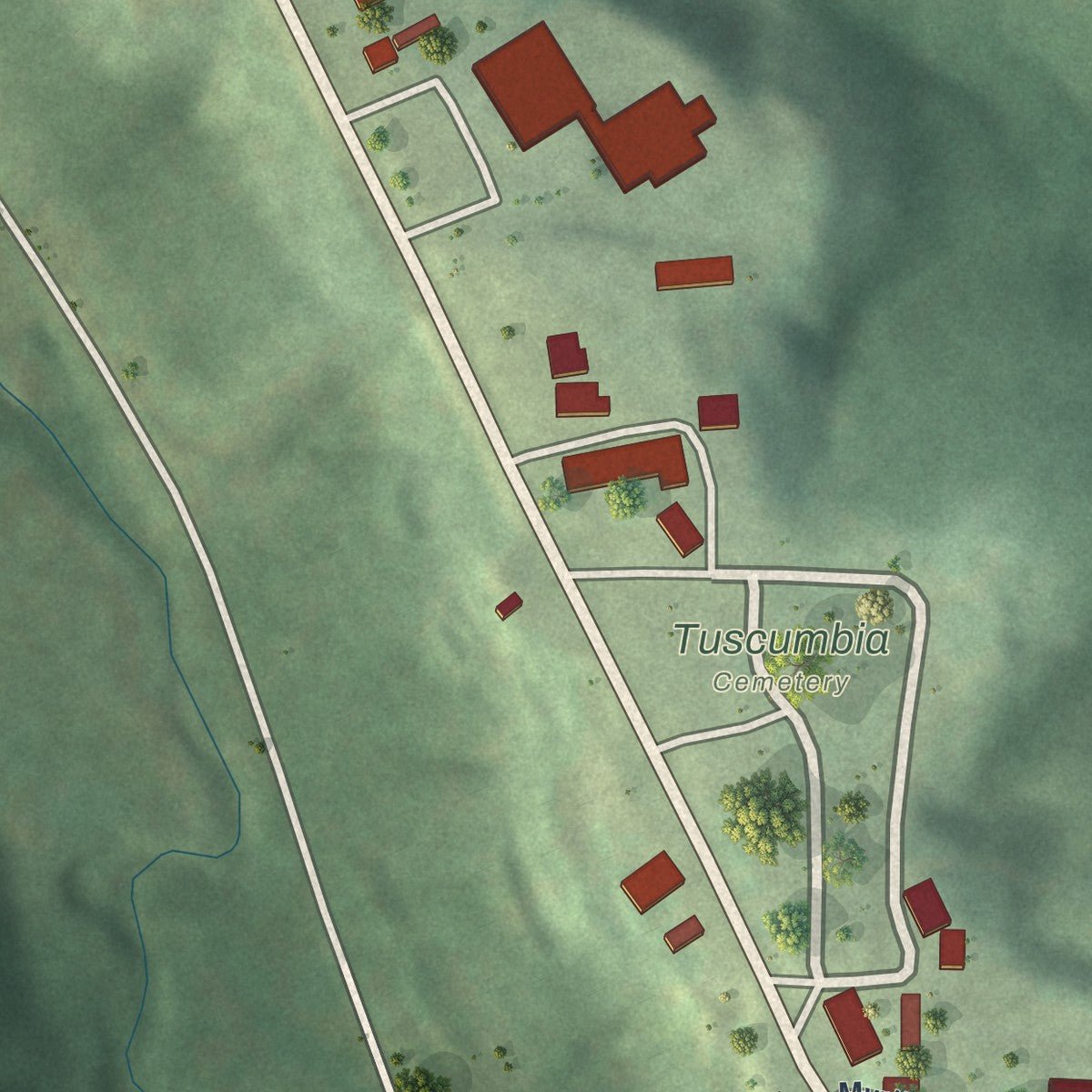 Second close-up of the map of Tuscumbia, Missouri print showing more streets and buildings