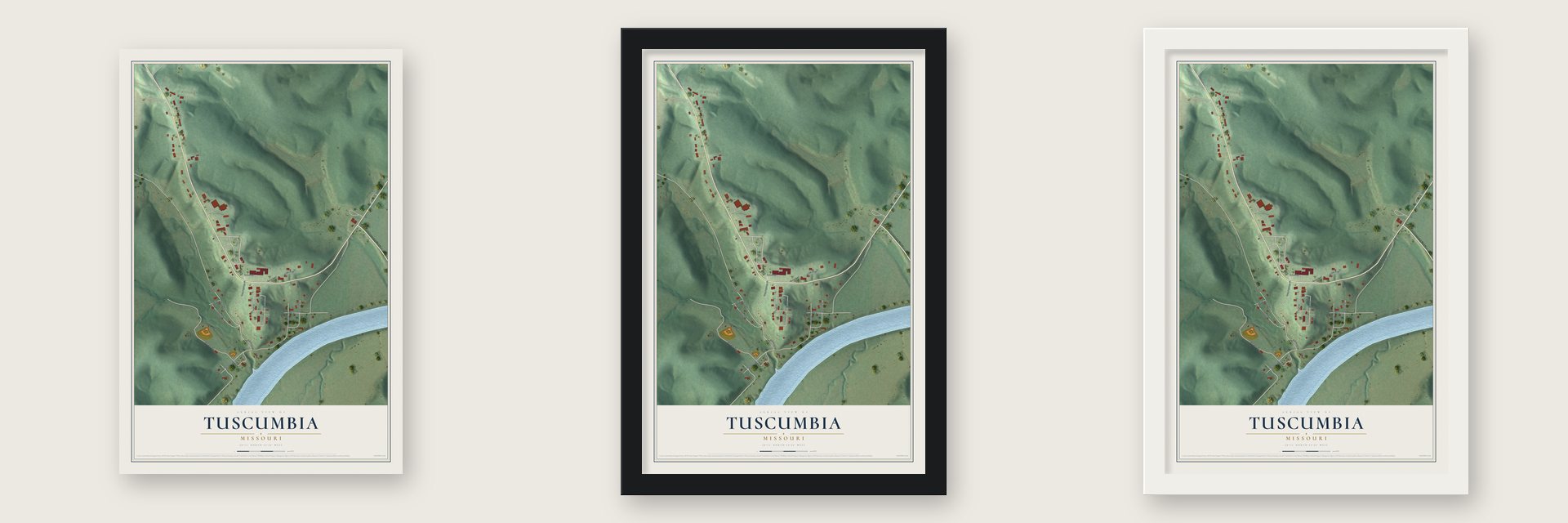 Tuscumbia, Missouri map unframed, in a black wood frame and in a white wood frame