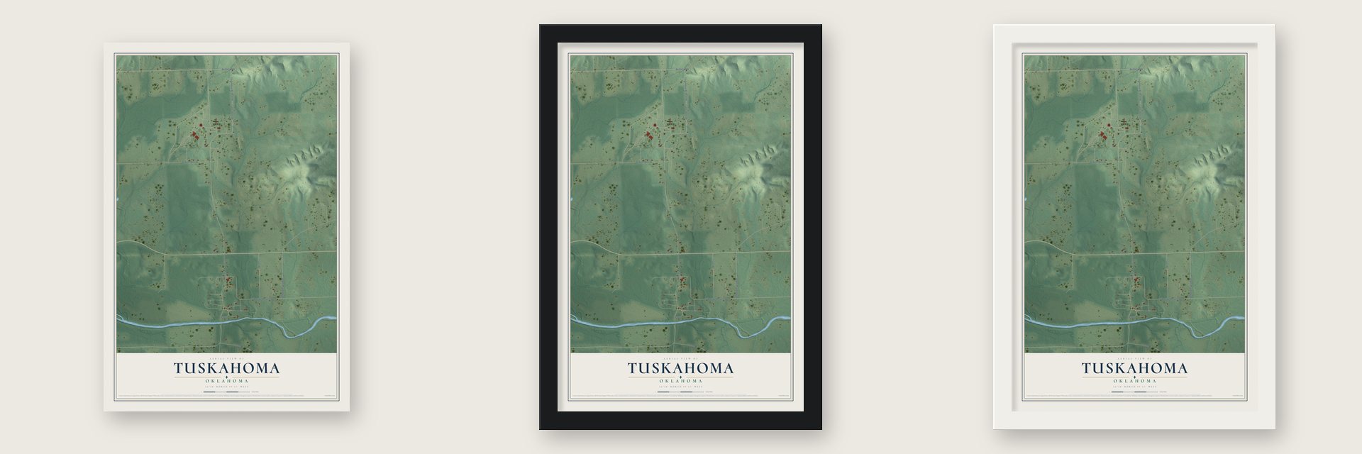 Tuskahoma, Oklahoma map unframed, in a black wood frame and in a white wood frame