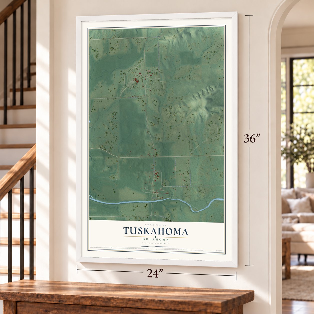 Tuskahoma, Oklahoma map, 24 x 36 inch print in a white frame by a staircase