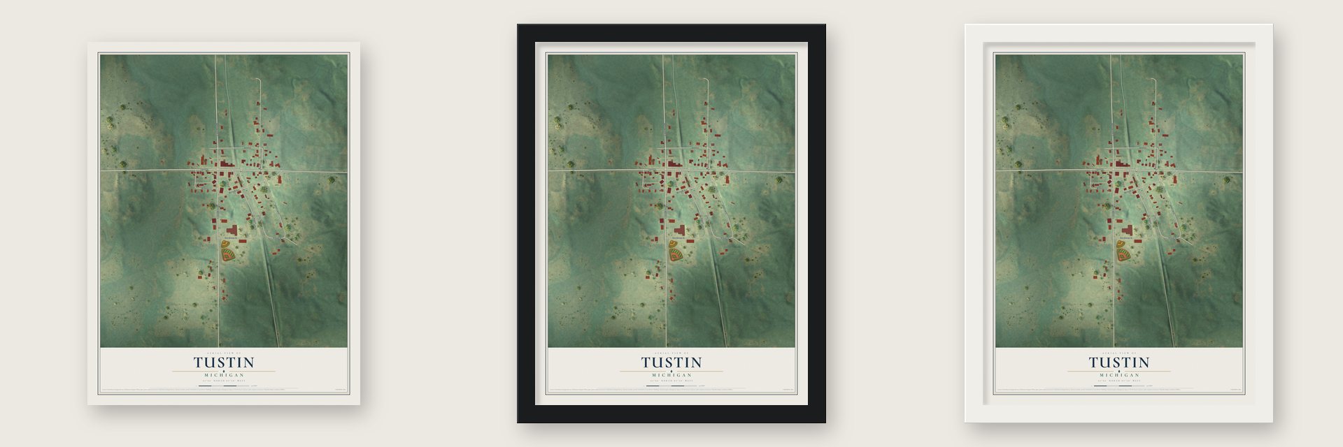 Tustin, Michigan map unframed, in a black wood frame and in a white wood frame