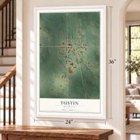 Tustin, Michigan map, 24 x 36 inch print in a white frame by a staircase