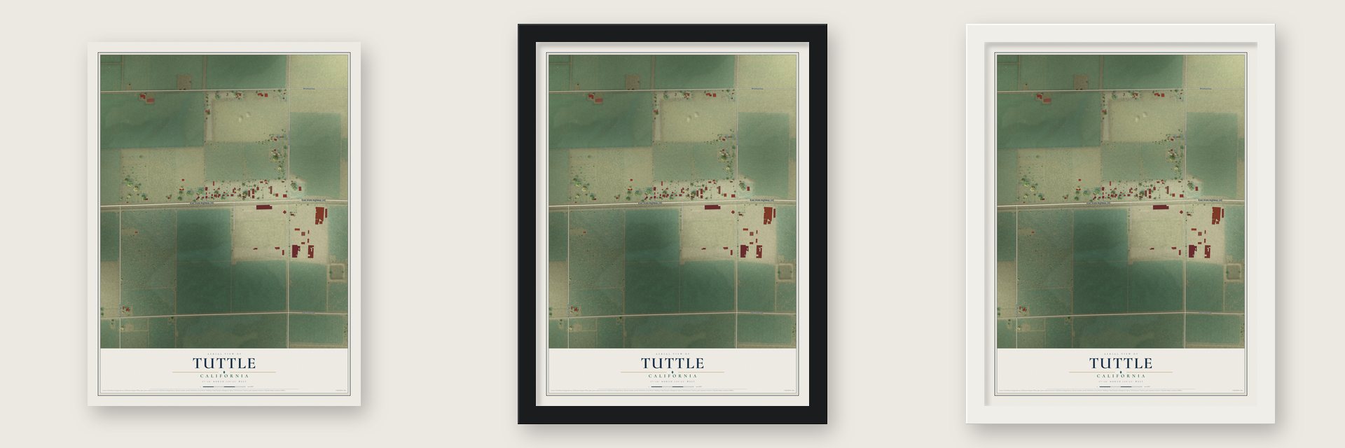 Tuttle, California map unframed, in a black wood frame and in a white wood frame