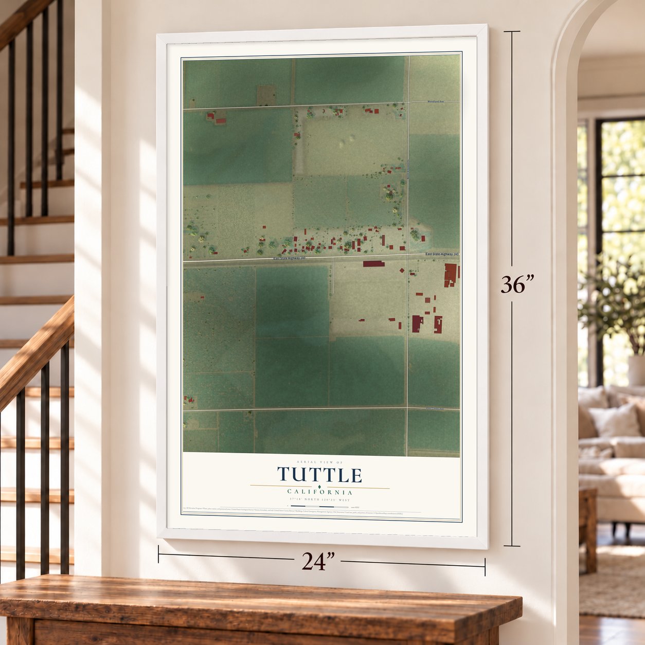 Tuttle, California map, 24 x 36 inch print in a white frame by a staircase