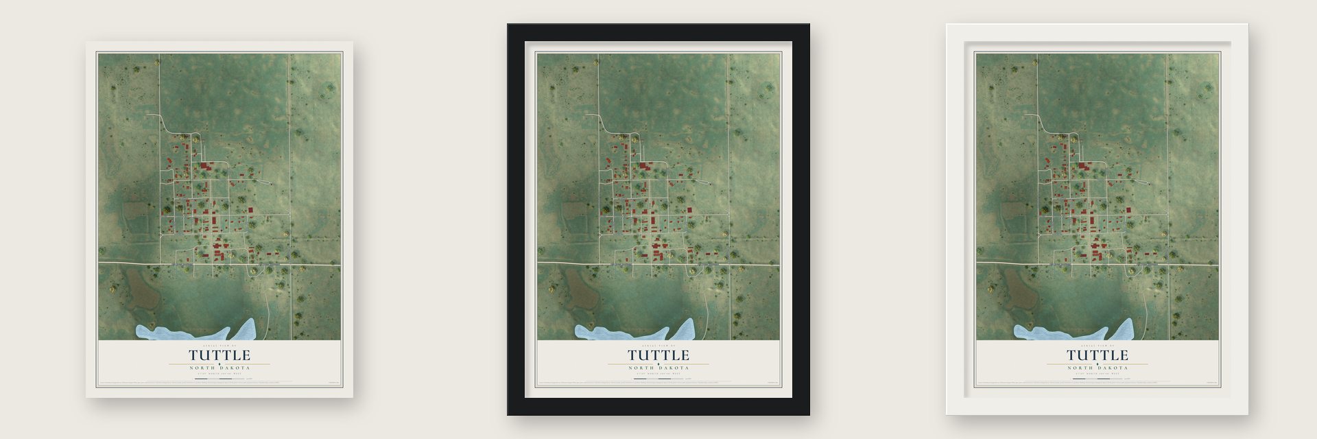 Tuttle, North Dakota map unframed, in a black wood frame and in a white wood frame