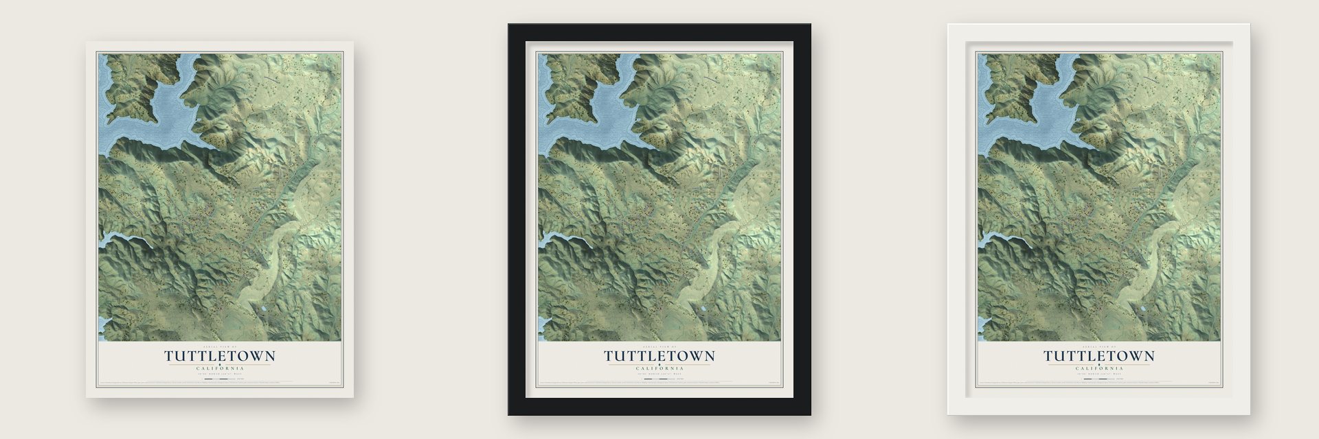 Tuttletown, California map unframed, in a black wood frame and in a white wood frame