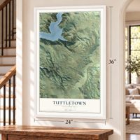 Tuttletown, California map, 24 x 36 inch print in a white frame by a staircase