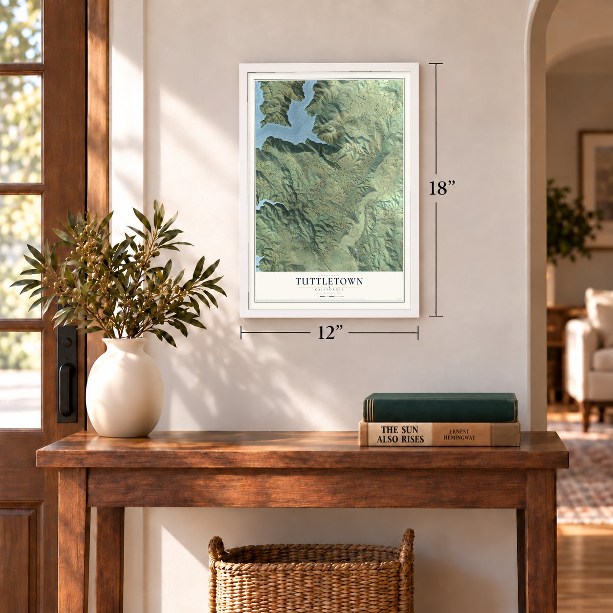 Tuttletown, California map, 12 x 18 inch print in a white frame in an entryway