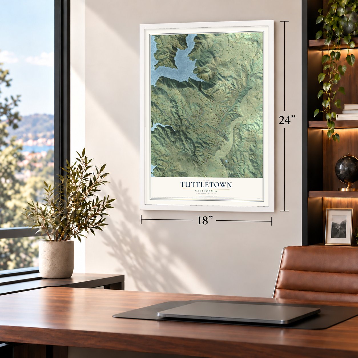 Tuttletown, California map, 18 x 24 inch print in a white frame in a home office