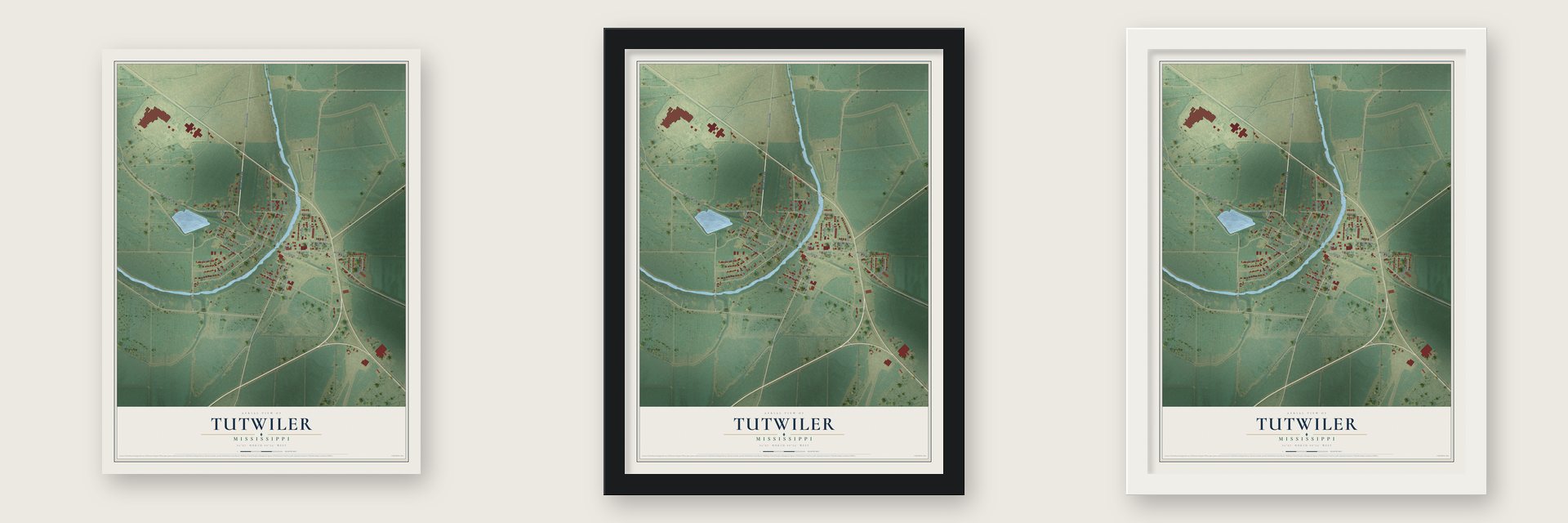 Tutwiler, Mississippi map unframed, in a black wood frame and in a white wood frame
