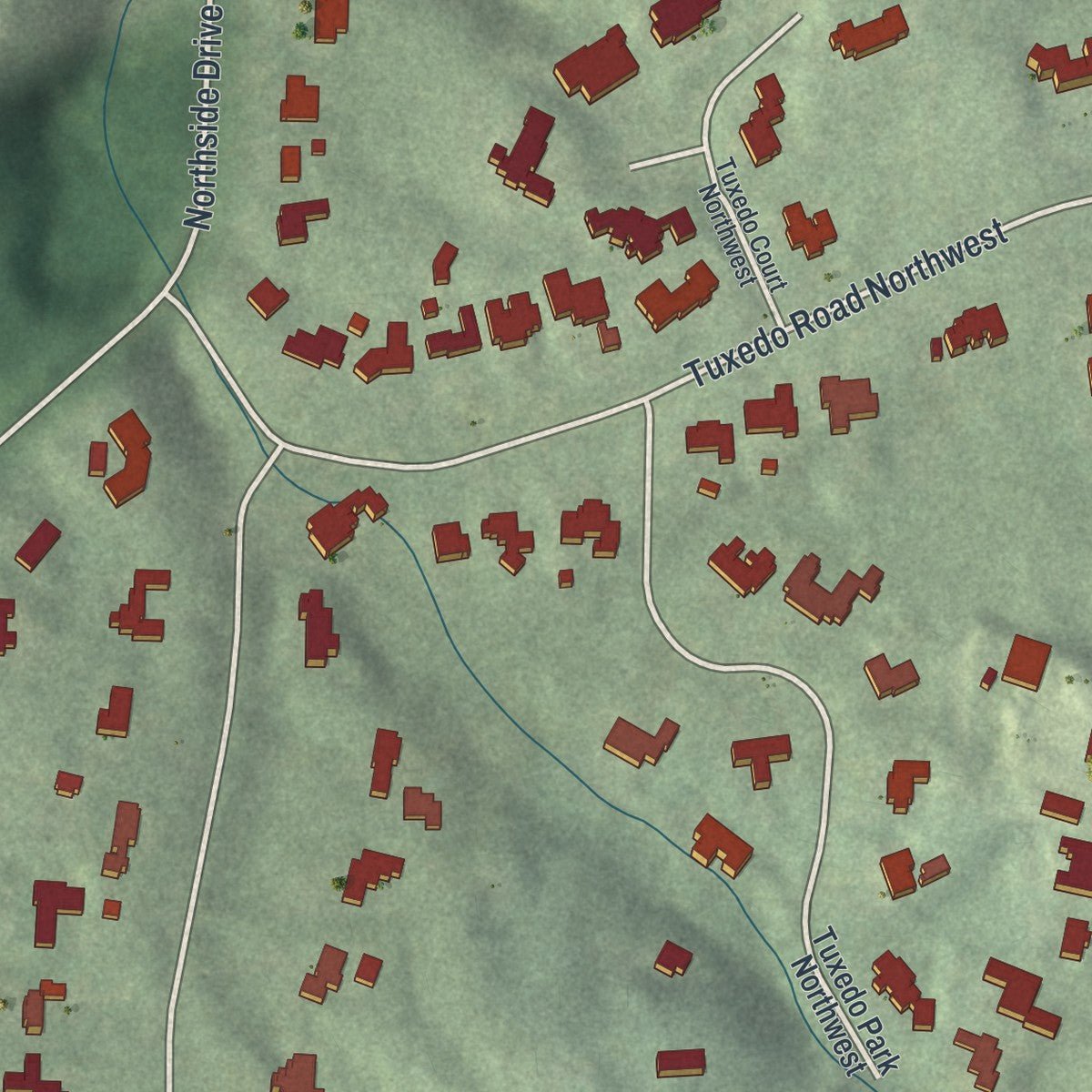 Second close-up of the map of Tuxedo Park, Georgia print showing more streets and buildings