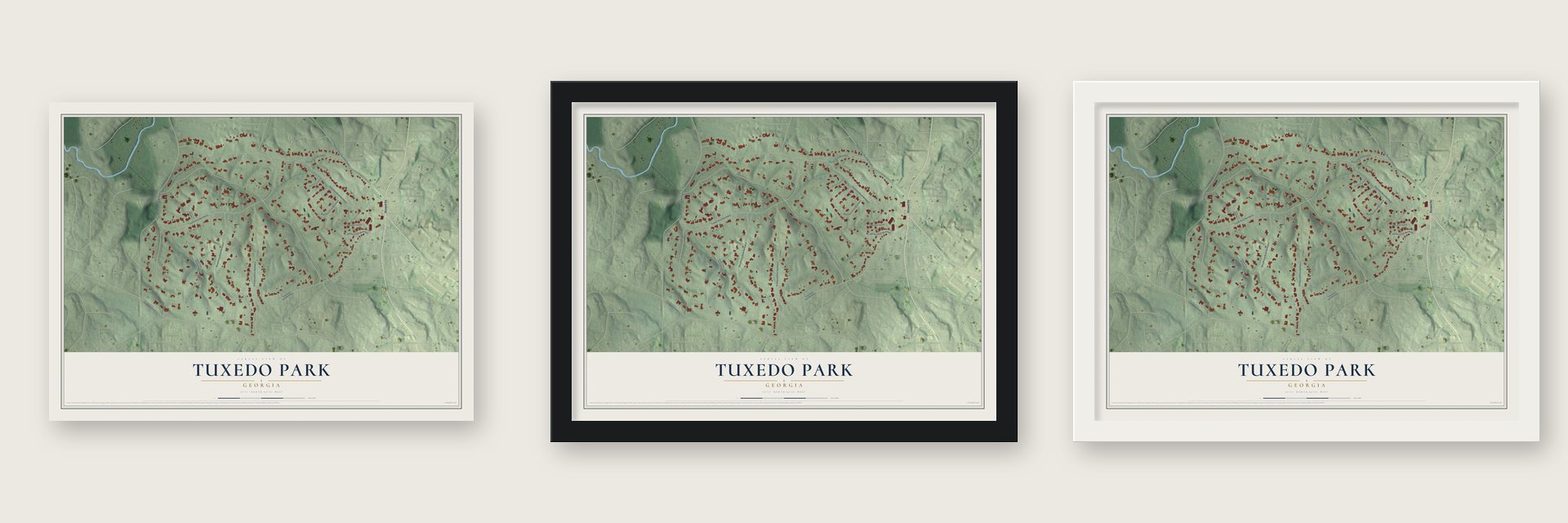 Tuxedo Park, Georgia map unframed, in a black wood frame and in a white wood frame