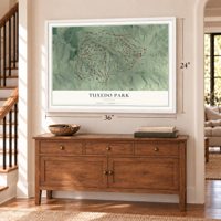 Tuxedo Park, Georgia map, 24 x 36 inch print in a white frame above a dresser by a staircase