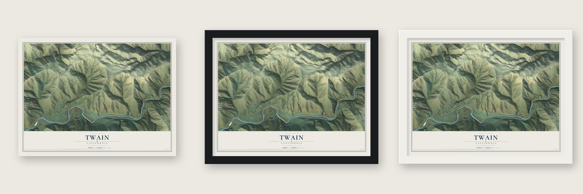 Twain, California map unframed, in a black wood frame and in a white wood frame