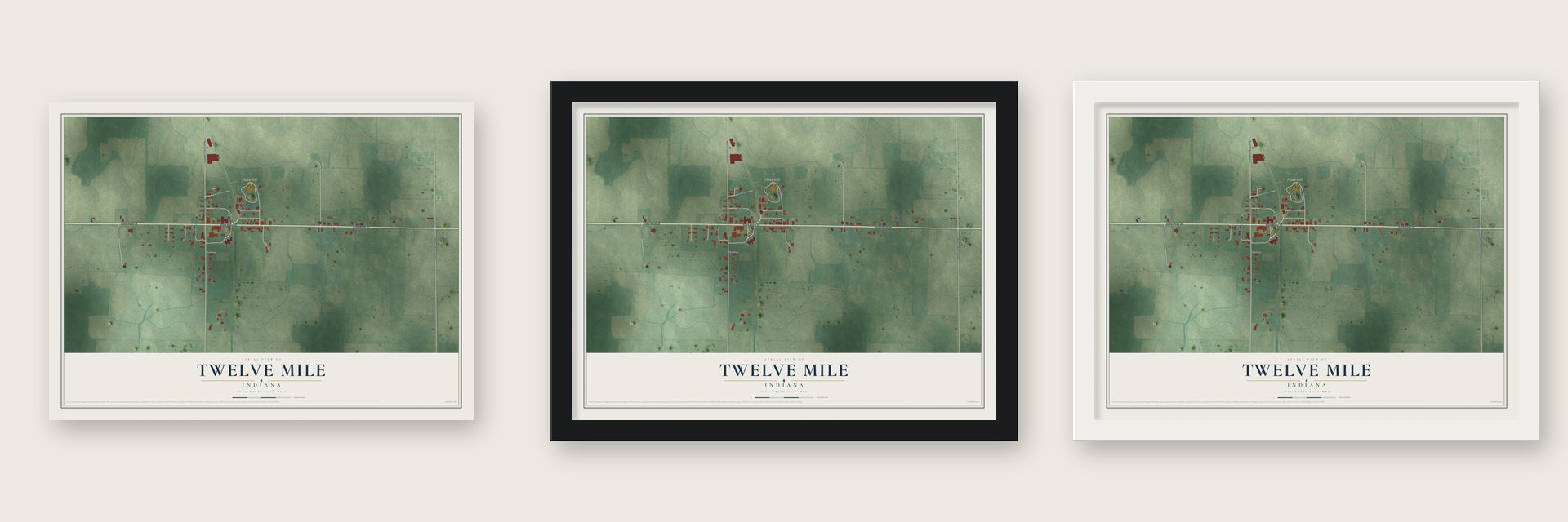 Twelve Mile, Indiana map unframed, in a black wood frame and in a white wood frame