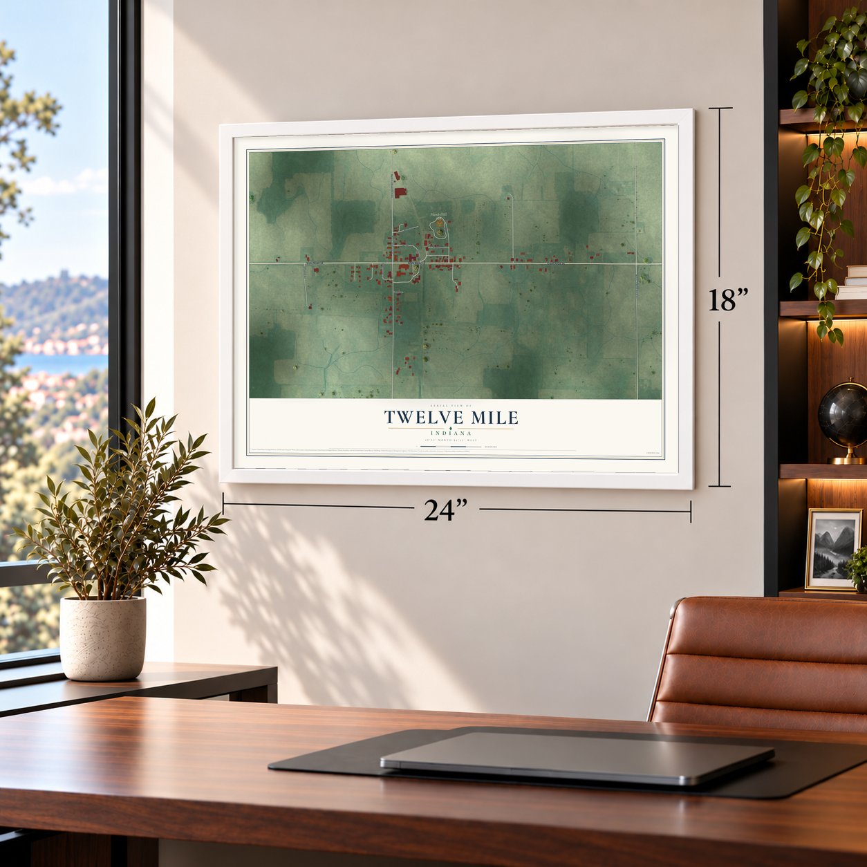 Twelve Mile, Indiana map, 18 x 24 inch print in a white frame in a home office