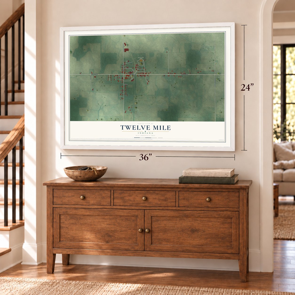 Twelve Mile, Indiana map, 24 x 36 inch print in a white frame above a dresser by a staircase