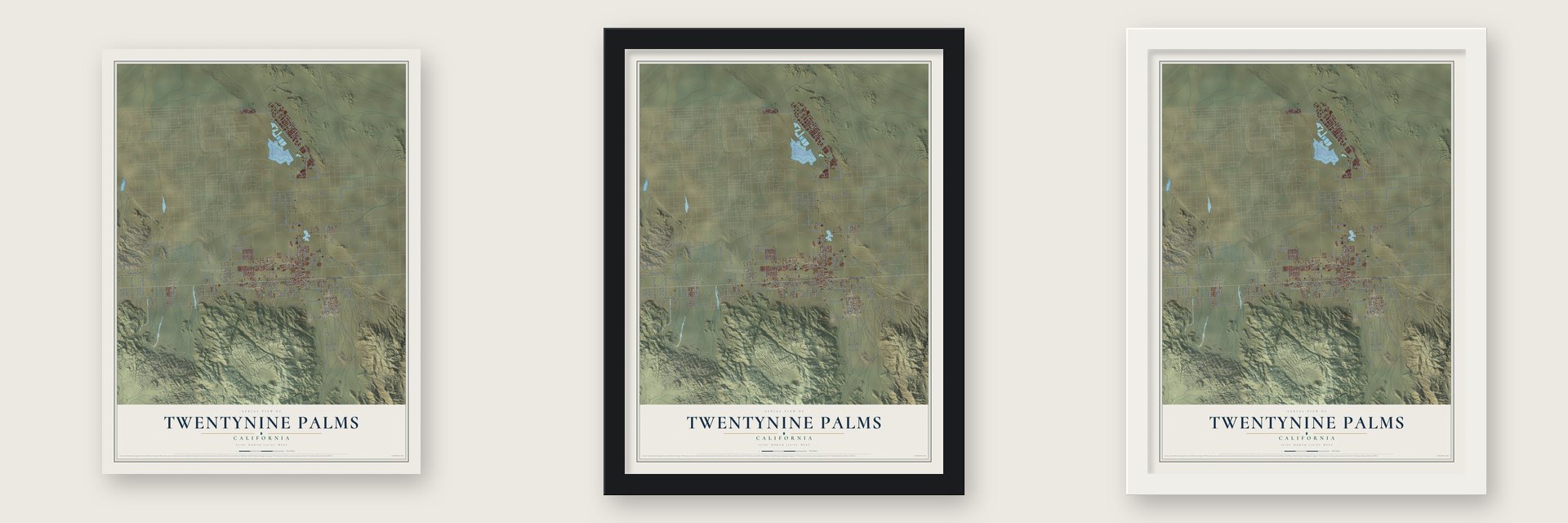 Twentynine Palms, California map unframed, in a black wood frame and in a white wood frame