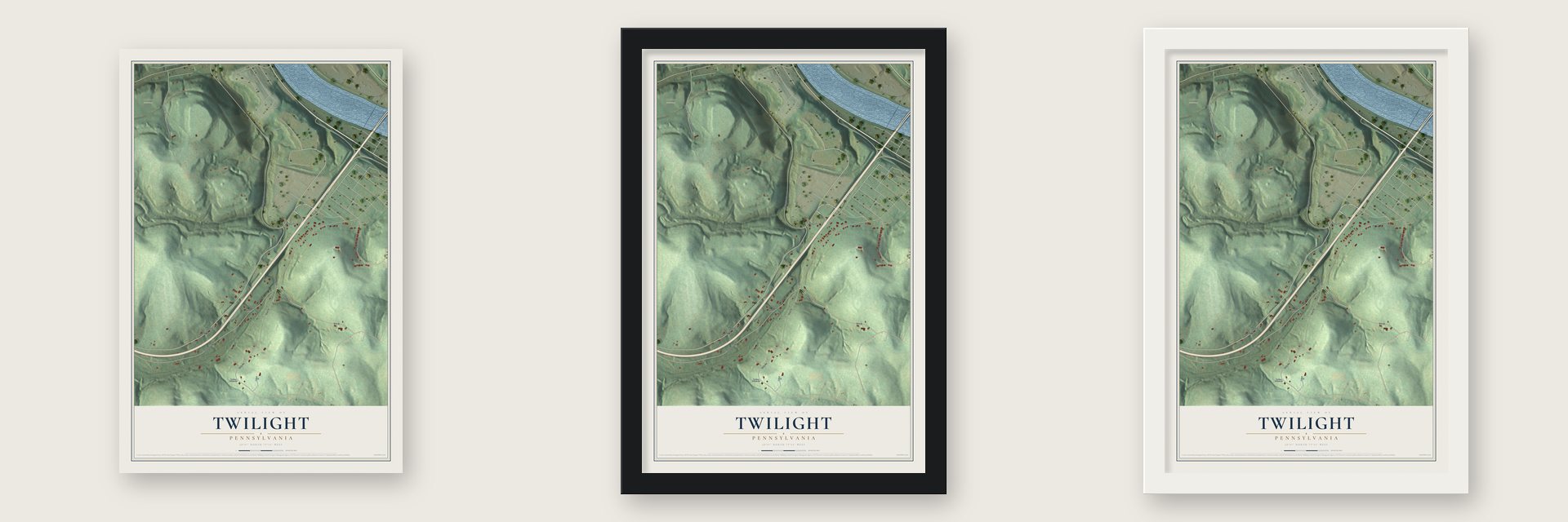 Twilight, Pennsylvania map unframed, in a black wood frame and in a white wood frame