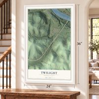 Twilight, Pennsylvania map, 24 x 36 inch print in a white frame by a staircase