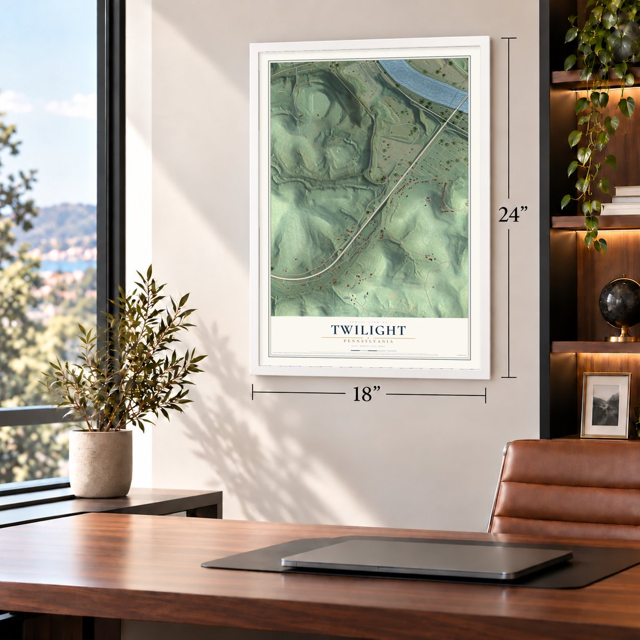 Twilight, Pennsylvania map, 18 x 24 inch print in a white frame in a home office