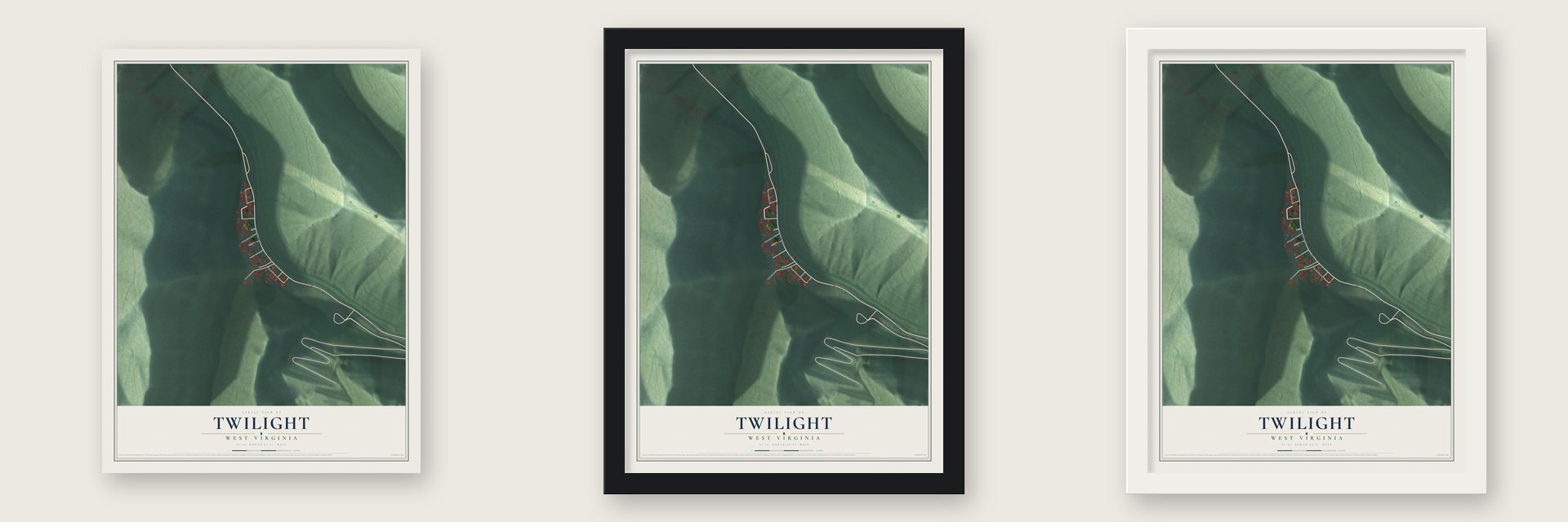 Twilight, West Virginia map unframed, in a black wood frame and in a white wood frame