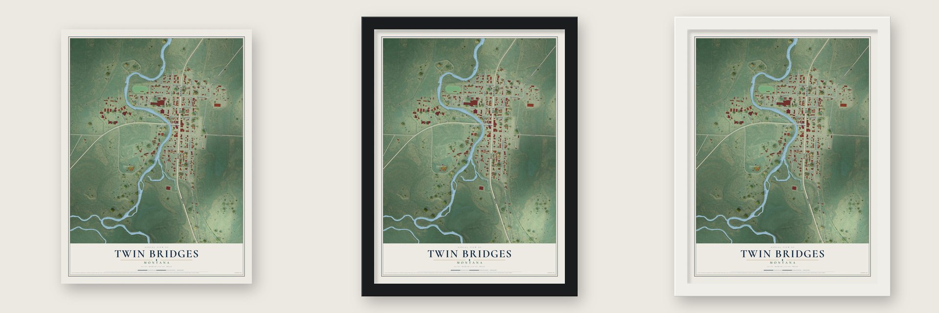 Twin Bridges, Montana map unframed, in a black wood frame and in a white wood frame