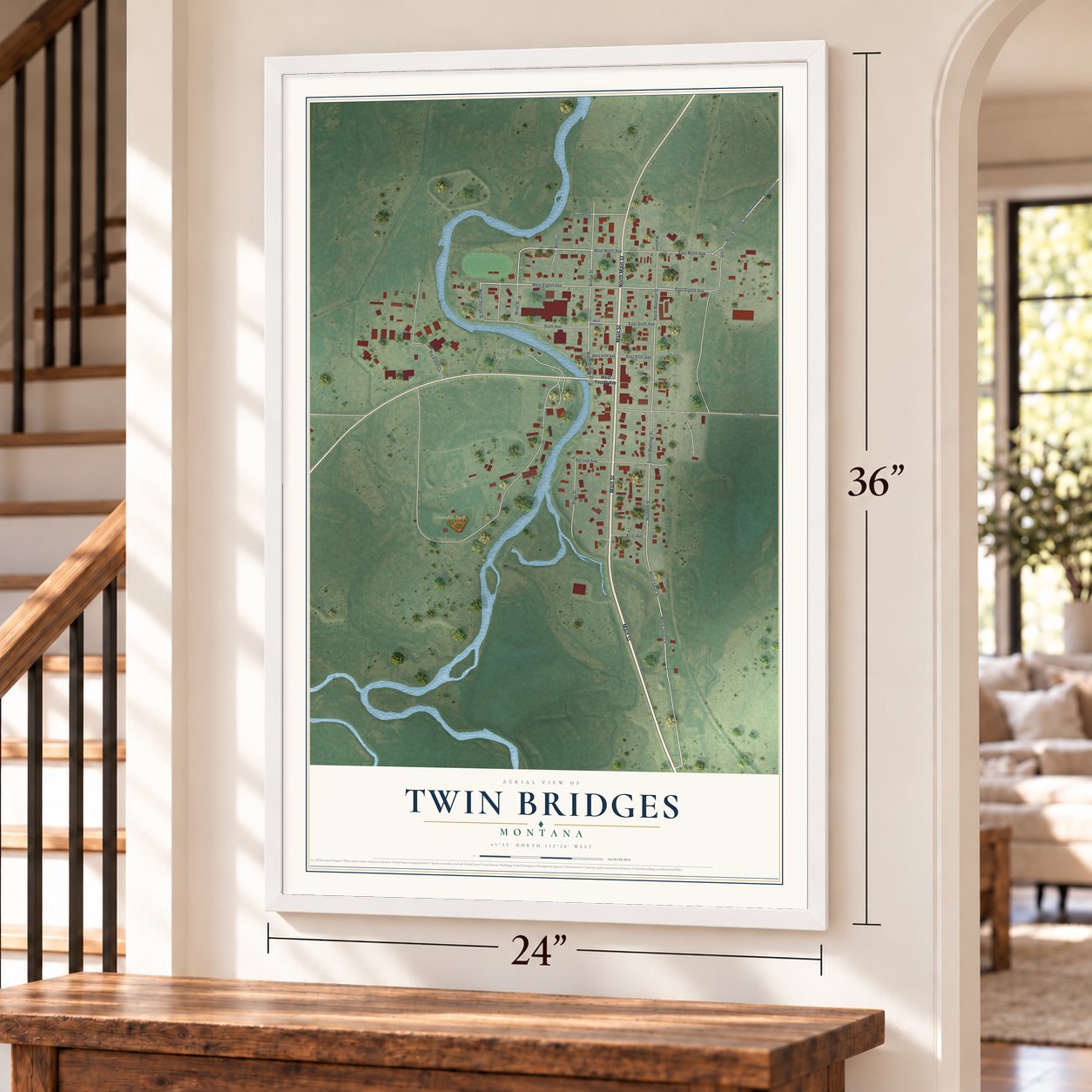 Twin Bridges, Montana map, 24 x 36 inch print in a white frame by a staircase