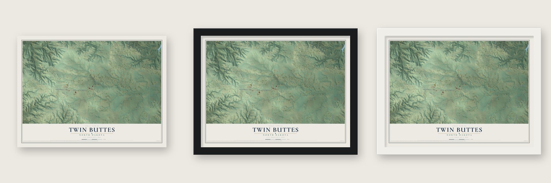 Twin Buttes, North Dakota map unframed, in a black wood frame and in a white wood frame