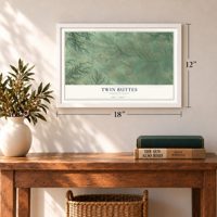 Twin Buttes, North Dakota map, 12 x 18 inch print in a white frame in an entryway