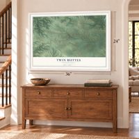 Twin Buttes, North Dakota map, 24 x 36 inch print in a white frame above a dresser by a staircase