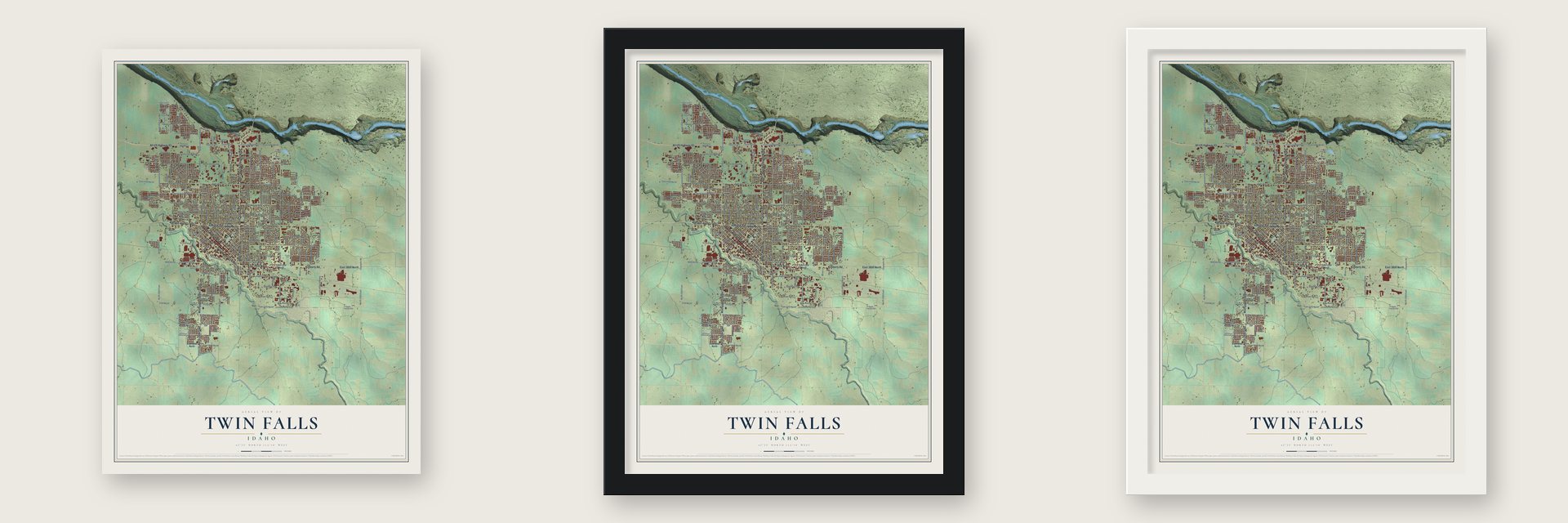 Twin Falls, Idaho map unframed, in a black wood frame and in a white wood frame
