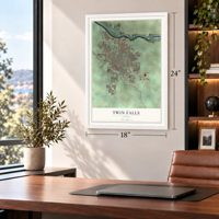 Twin Falls, Idaho map, 18 x 24 inch print in a white frame in a home office