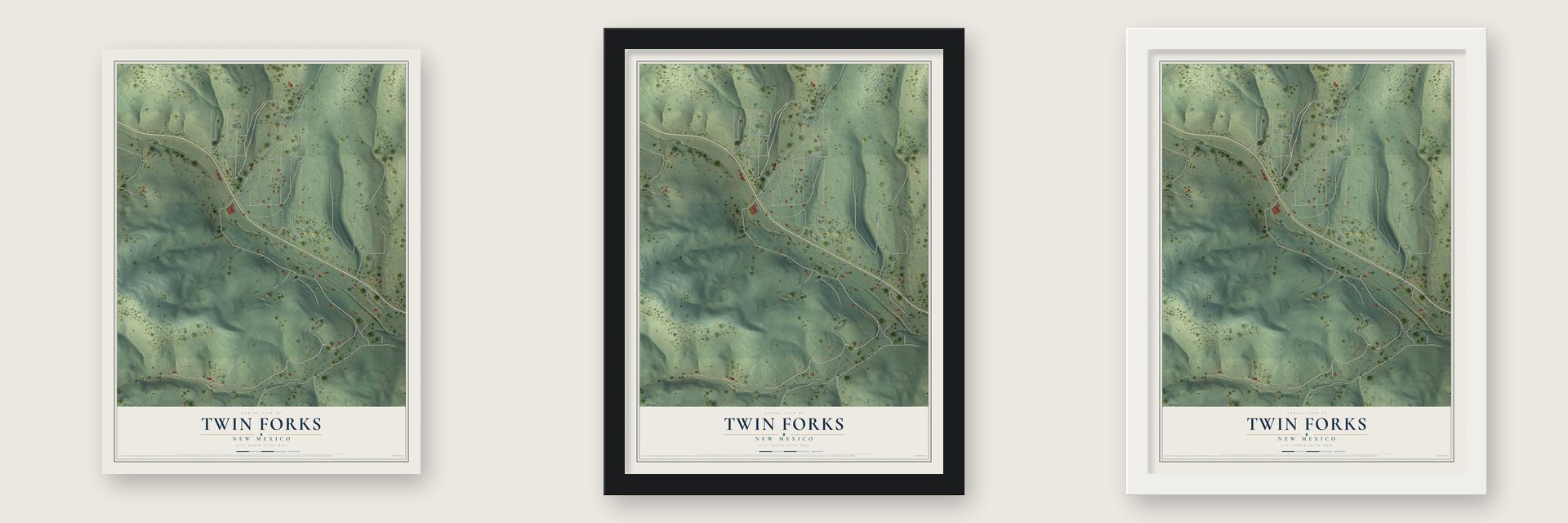 Twin Forks, New Mexico map unframed, in a black wood frame and in a white wood frame