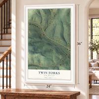 Twin Forks, New Mexico map, 24 x 36 inch print in a white frame by a staircase
